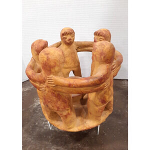 Vintage Mexican Pottery Terracotta Candle Holder Circle of 5 Friends Aztec Mayan